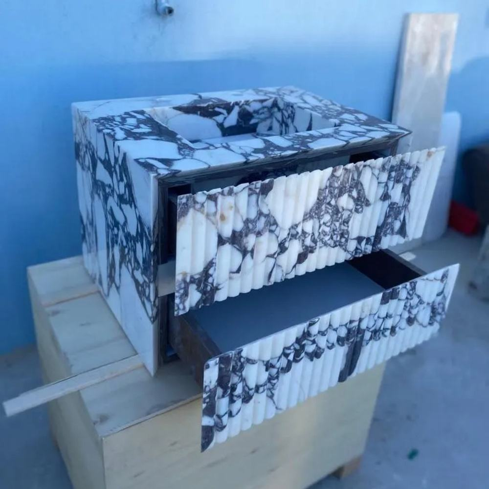 Luxury Calacatta Viola Marble Wall Mounted Bathroom Vanity with Integrated Sink and Double Storage Drawers