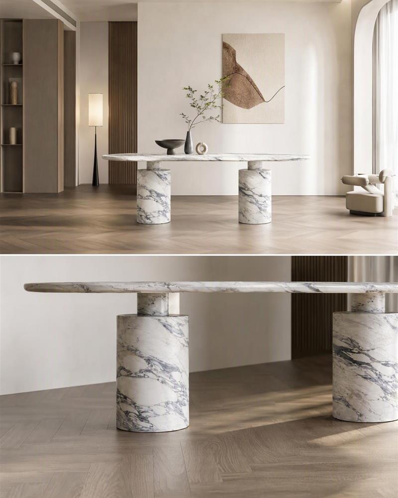 Arabescato oval dining table interior view and pedestal detail