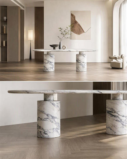 Arabescato oval dining table interior view and pedestal detail