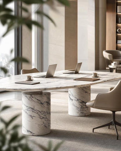 Arabescato oval stone table styled as a meeting table