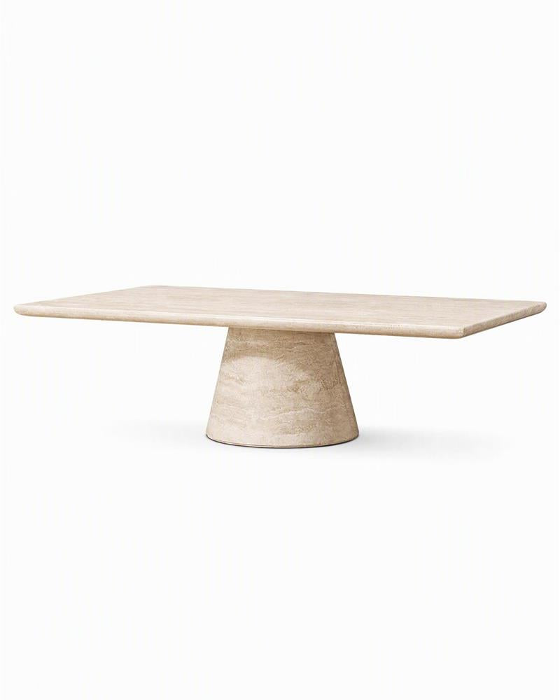 Beige travertine rectangular coffee table with a conical pedestal base
