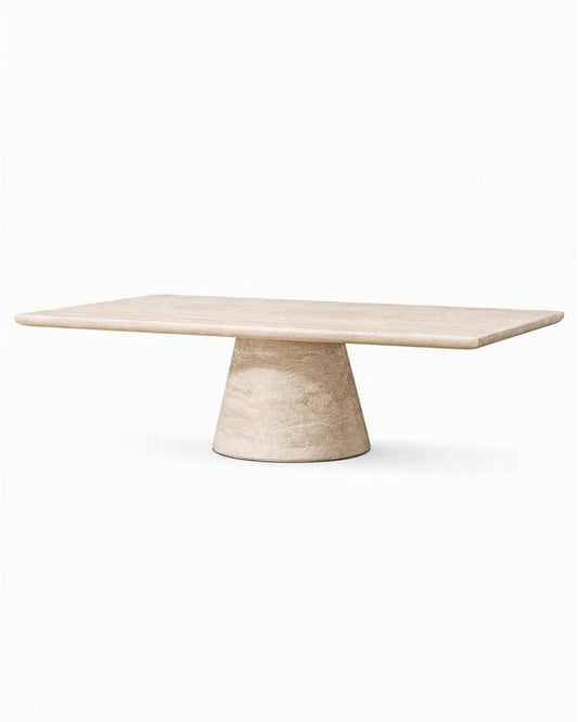 Beige travertine rectangular coffee table with a conical pedestal base