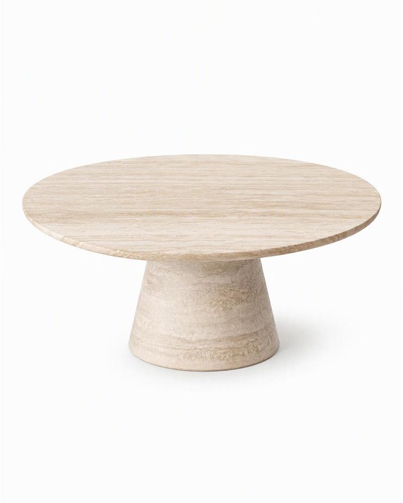 Beige travertine round coffee table with a conical pedestal base