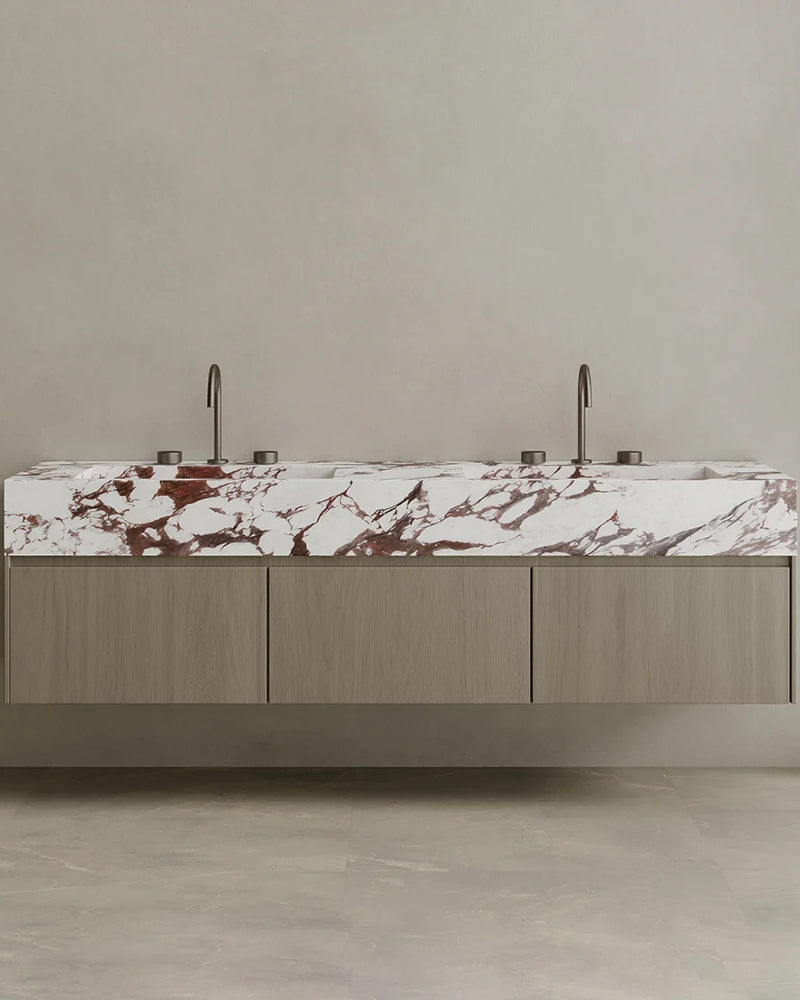 Floating Double Sink Bathroom Vanity with Natural Stone Countertop & Three Large Storage Drawers 210cm