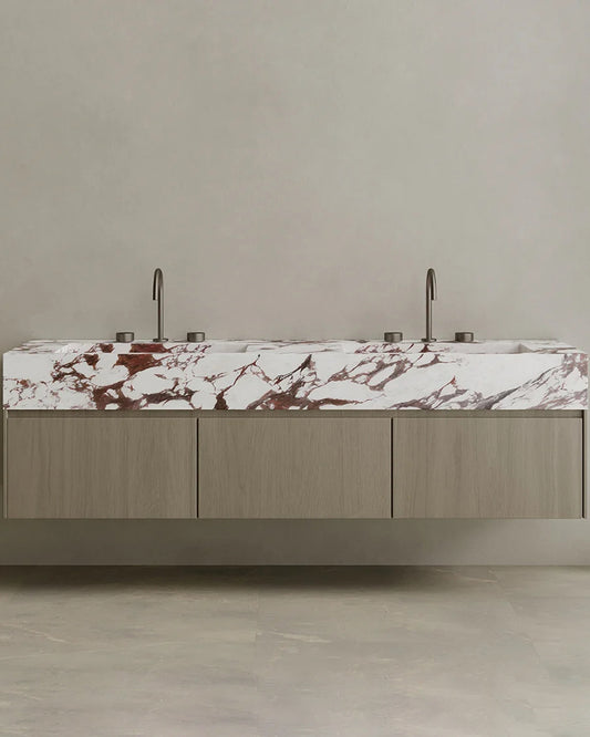 Floating Double Sink Bathroom Vanity with Natural Stone Countertop & Three Large Storage Drawers 210cm