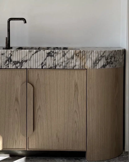Calacatta Viola Marble Integrated Sink Vanity with Petal Edge Top & Curved Wood Cabinet 91.4×55.8×91.4cm