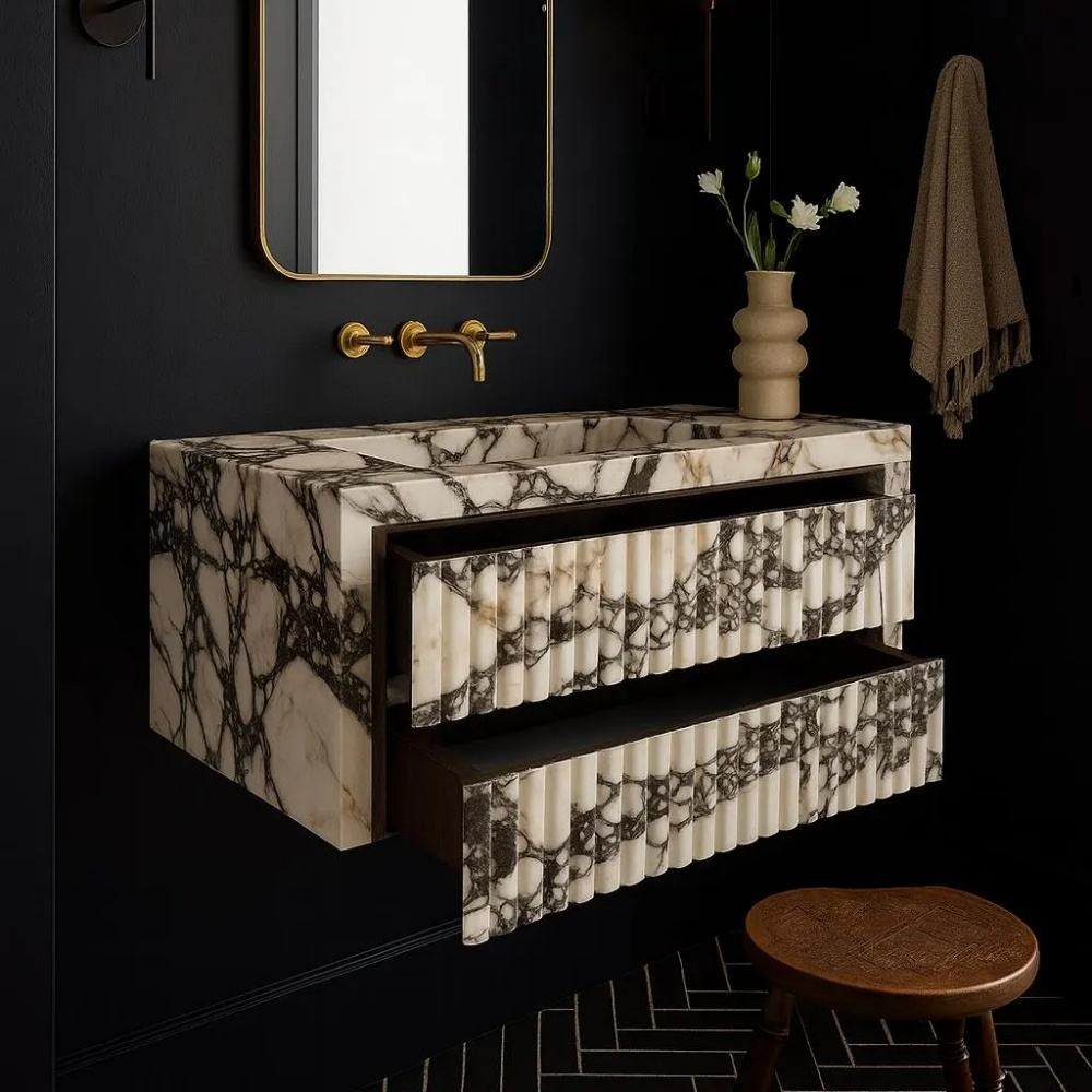 Luxury Calacatta Viola Marble Wall Mounted Bathroom Vanity with Integrated Sink and Double Storage Drawers
