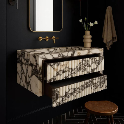 Luxury Calacatta Viola Marble Wall Mounted Bathroom Vanity with Integrated Sink and Double Storage Drawers