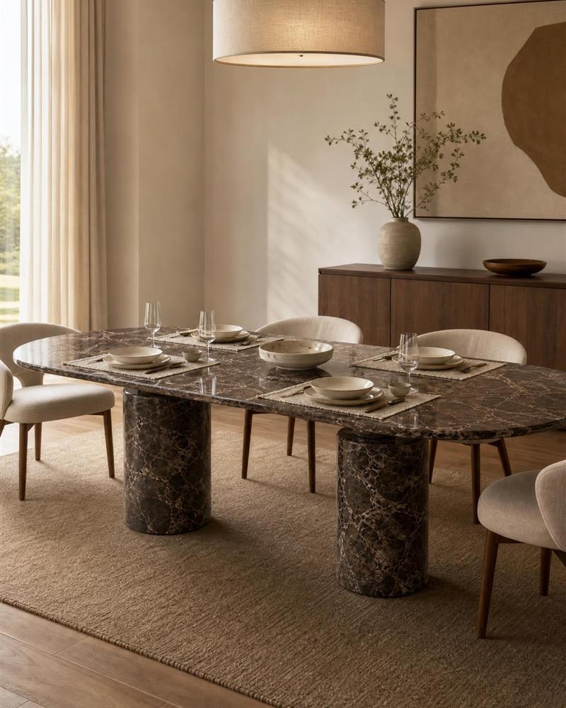 Emperador oval stone dining table in a warm dining room