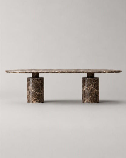 Front view of Emperador oval dining table and twin pedestal bases