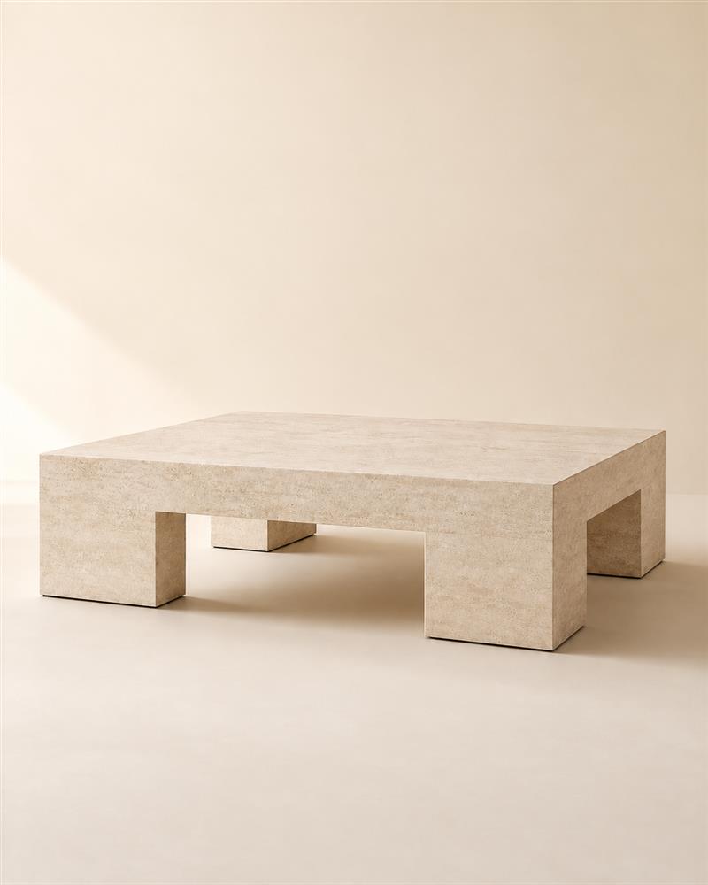 Monolith beige travertine rectangular coffee table with geometric block legs