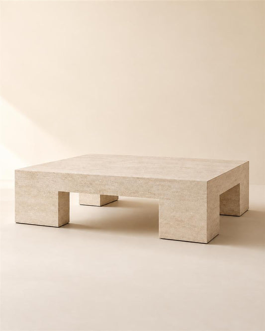 Monolith beige travertine rectangular coffee table with geometric block legs