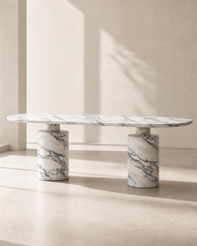 Arabescato oval dining table with twin stepped pedestal bases