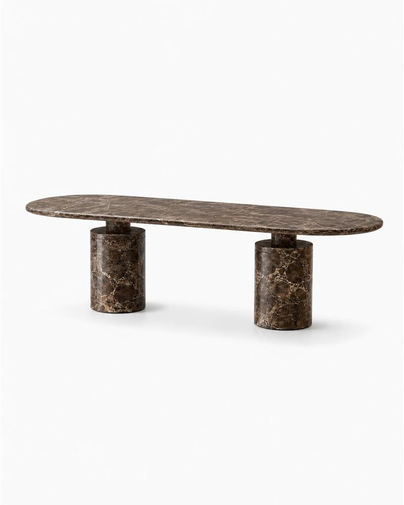 Emperador oval dining table with two cylindrical stone pedestals