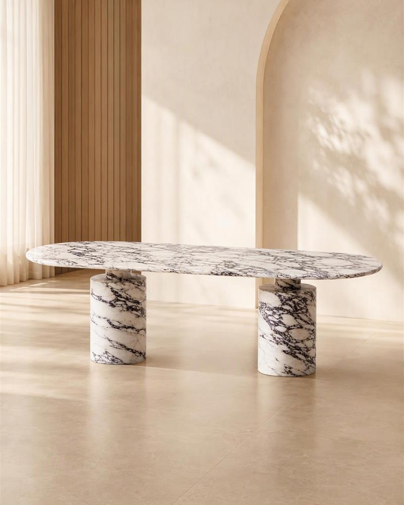 Turkish Calacatta Viola oval dining table with twin pedestal bases