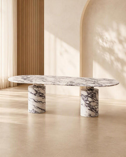 Turkish Calacatta Viola oval dining table with twin pedestal bases