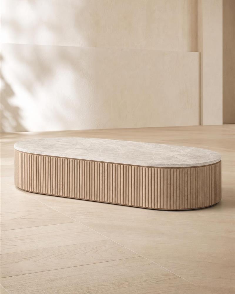 Taj Mahal oval stone coffee table with a fluted wooden base