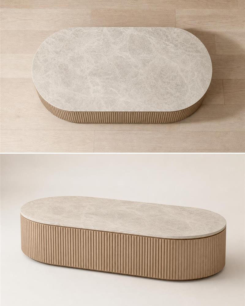 Overhead and side views of the Taj Mahal oval coffee table