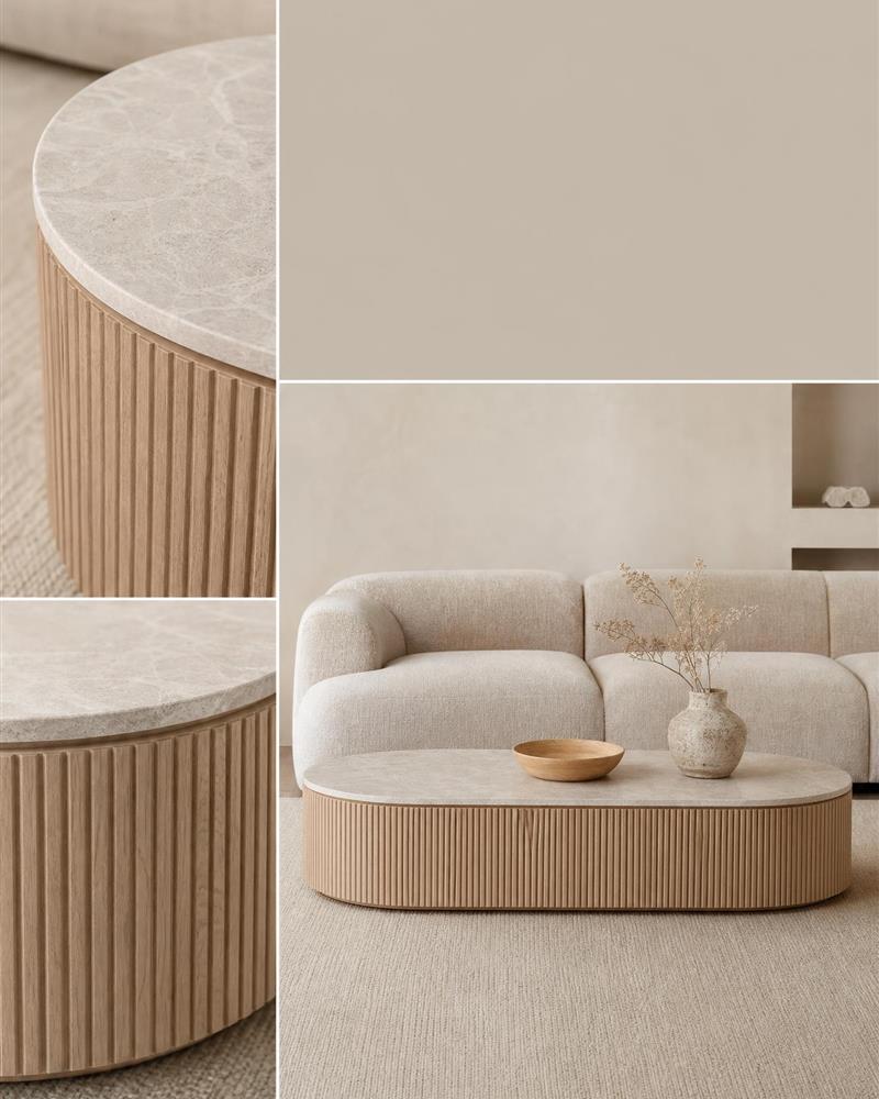 Rounded tabletop edge and wooden base details of the Taj Mahal oval coffee table
