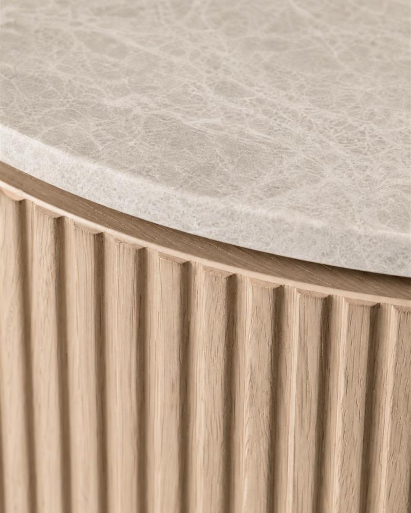 Close-up of Taj Mahal stone tabletop and fluted wooden base