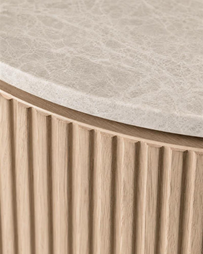 Close-up of Taj Mahal stone tabletop and fluted wooden base