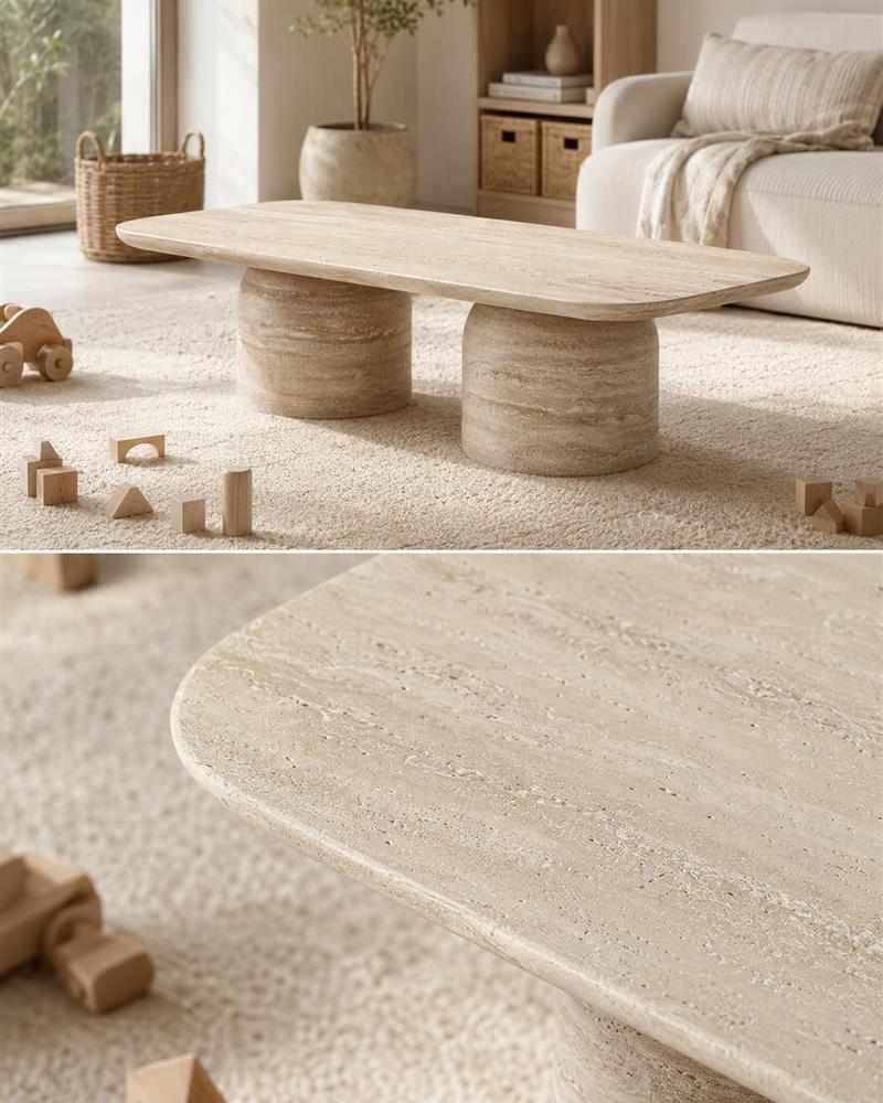 Beige travertine double pedestal coffee table and rounded stone edge close-up