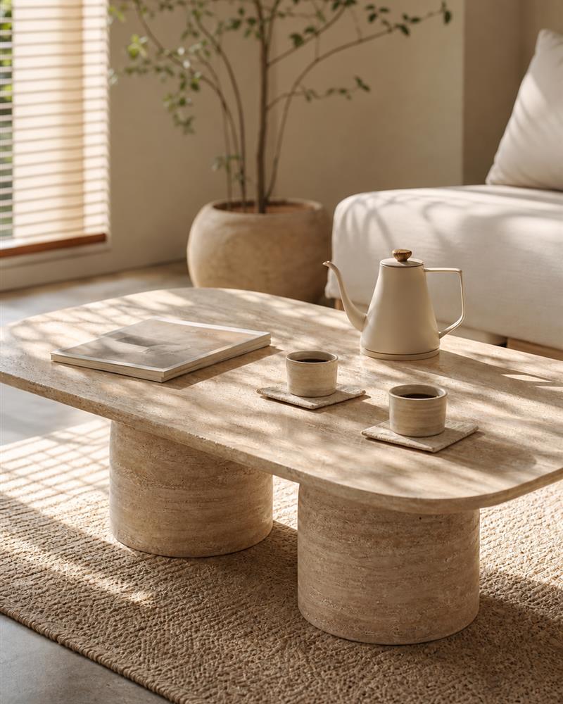Travertine double pedestal coffee table styled with cups and a teapot