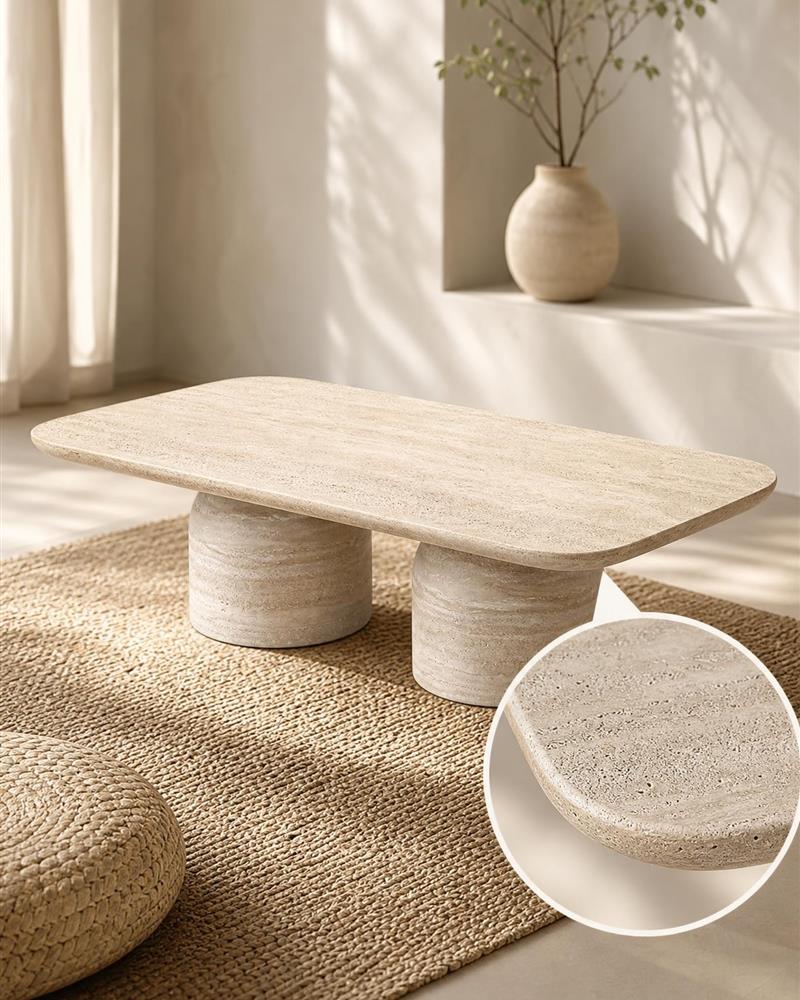 Rounded tabletop corner and beige travertine texture detail