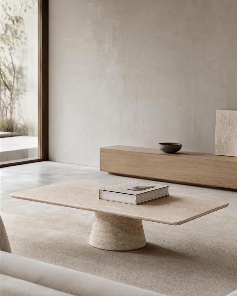 Beige travertine coffee table with conical base in a minimalist living room