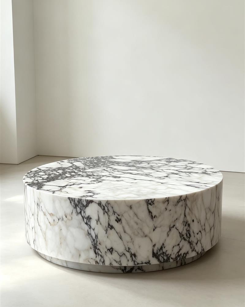 Turkish Calacatta Viola round drum coffee table with recessed base