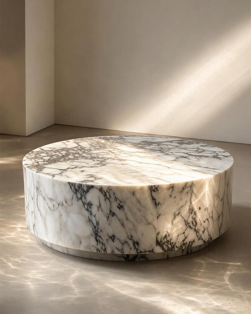 Calacatta Viola marble drum coffee table in warm sunlight