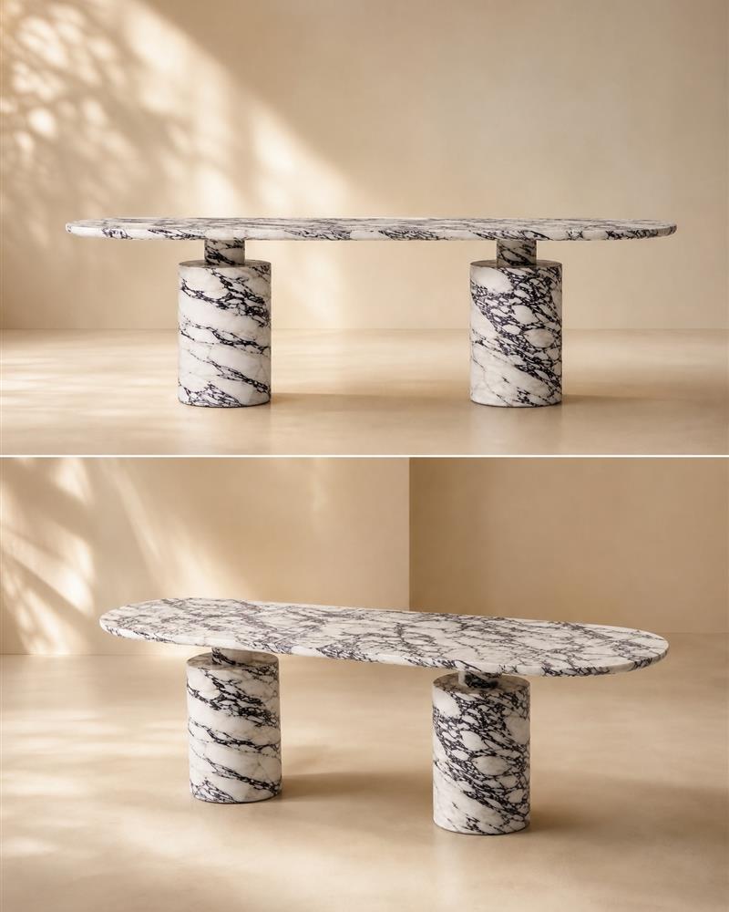 Front and angled views of Turkish Calacatta Viola oval dining table