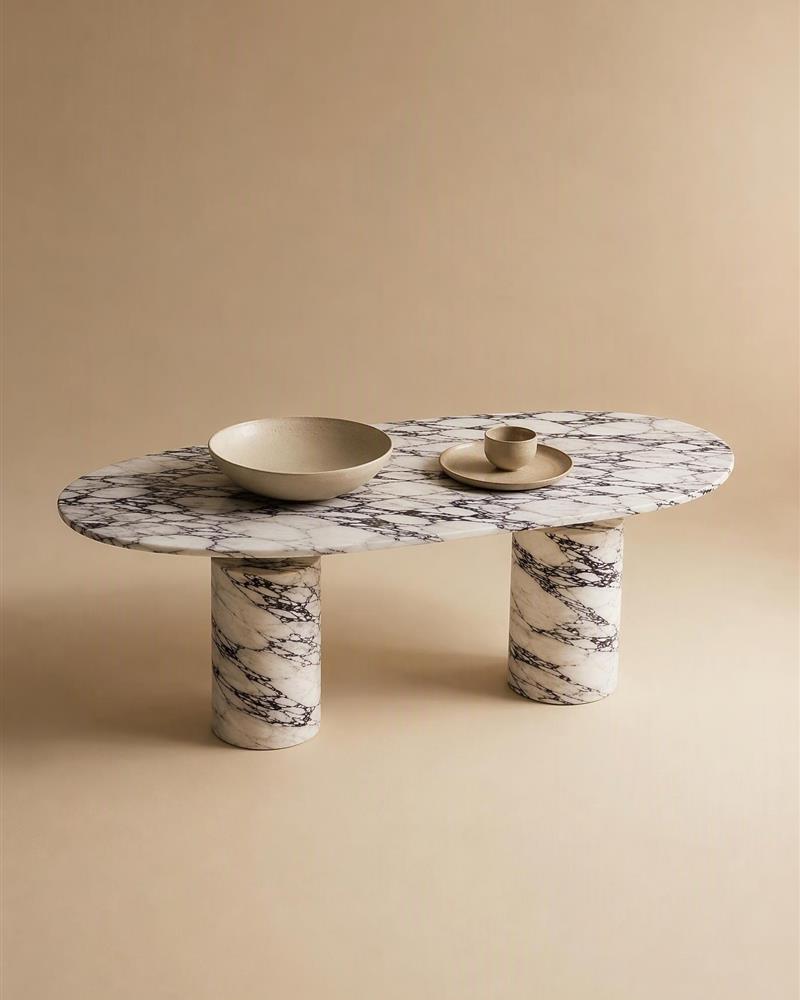 Turkish Calacatta Viola oval dining table with ceramic bowl and cup