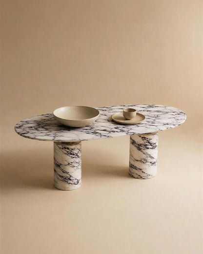 Turkish Calacatta Viola oval dining table with ceramic bowl and cup